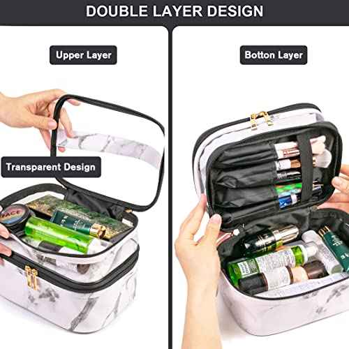 FITINI 3 Pieces Makeup Bags Double Layer Travel Large Cosmetic Cases Organizer Toiletry Bags Waterproof Small Zipper Pouch for Women Makeup Brush Storage Bag,Black Marble