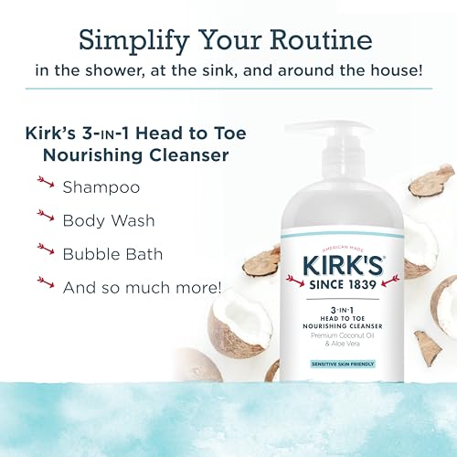 Kirk's 3-in-1 Head to Toe Nourishing Cleanser & Travel Size Bar Soap - for Men, Women & Children, Made with Premium Coconut Oil and Aloe Vera, Non-GMO & Vegan, Fragrance Free, 32 Fl Oz.