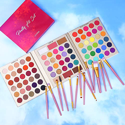 UCANBE Professional 86 Colors Eyeshadow Palette with 15pcs Makeup Brushes Set Matte Glitter Long Lasting Highly Pigmented Waterproof Contour Blush Powder Highlighter All in One