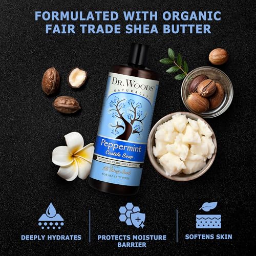 Dr. Woods Peppermint Liquid Castile Soap with Pump - Castile Soap with Pure Peppermint Oil, Body Wash for Men and Women, Organic Shea Butter, Natural Cleaner for Face, Hands, and Body - 32 Fl Oz