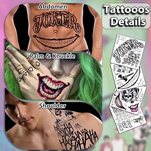 Joker Tattoos Temporary Halloween - 14 Sheets Temporary Tattoos for Kids Men Fake Tattoo Stickers Joker Costume Masquerade Cosplay Party Accessories Makeup Waterproof