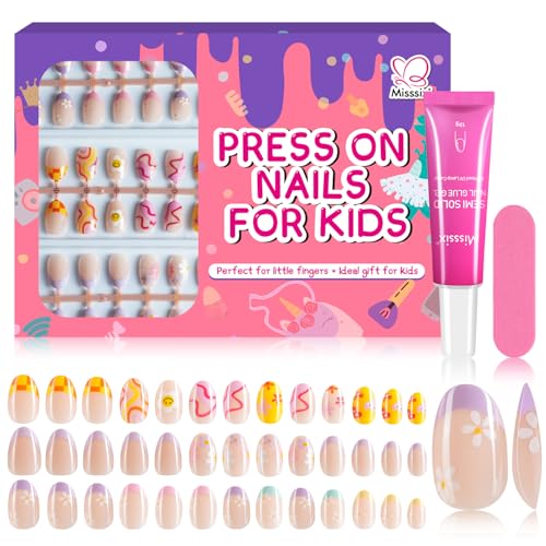 Misssix Old Colorful Flower Kids Press On Nails with Glue - 78 Pcs, Safe & Easy DIY Nail Art