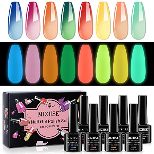 MIZHSE Mood Temperature Color Changing Nail Polish Set, Glow in the Dark Gel Nail Polish Black Pink Green Blue Yellow Orange 8 Colors Soak Off Gel Polish for Nail Art Manicure DIY at Home