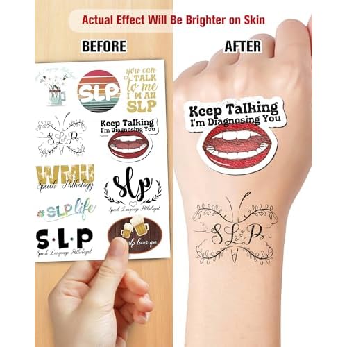 196Pcs Speech Language Pathologist Temporary Tattoos- Fun SLP Stickers Tattoos Gifts for Speech Therapy Month Decorations Classroom