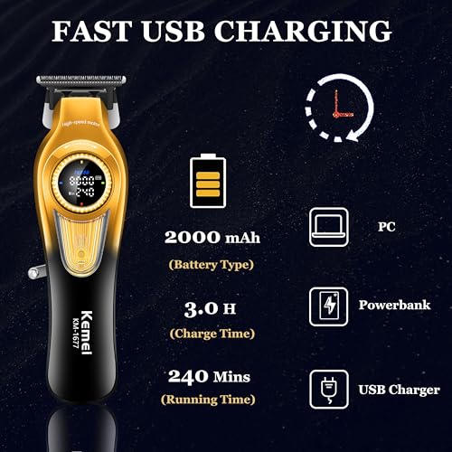KEMEI 1677 Cordless Hair Trimmer with DLC T-Blade & 4 guide combs, LCD