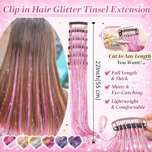 Hair Tinsel Clips 12 Pcs Pink Glitter Extensions Heat Resistant