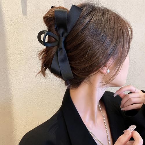 Bow Hair Claw Clip Black Bows Hair Claws Barrette for Thick Thin Hair,Silky Satin Bow Knot Non Slip Claws Clamps Large Bow Hair Barrettes Accessories for Women and Girls (Black + White(matte))