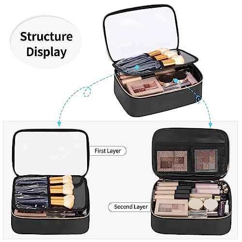 OCHEAL Clear Makeup Bag, Portable Cosmetic Organize,Travel Makeup Bag Cute Clear Pouch For Women and Girls Cosmetics Bags with Divider Makeup Brush Compartment-Black PU Leather