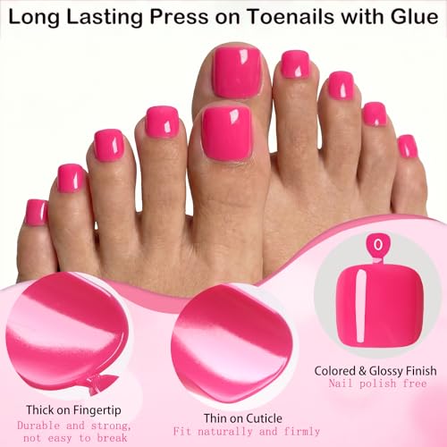 Rose Pink Press On Toenails for Women - 120pc Fake Toe Nail Kit with Glue & Tabs (Rose Pink)