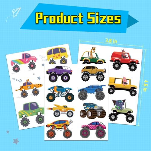Monster Truck Temporary Tattoos for Kids, 10 Sheets