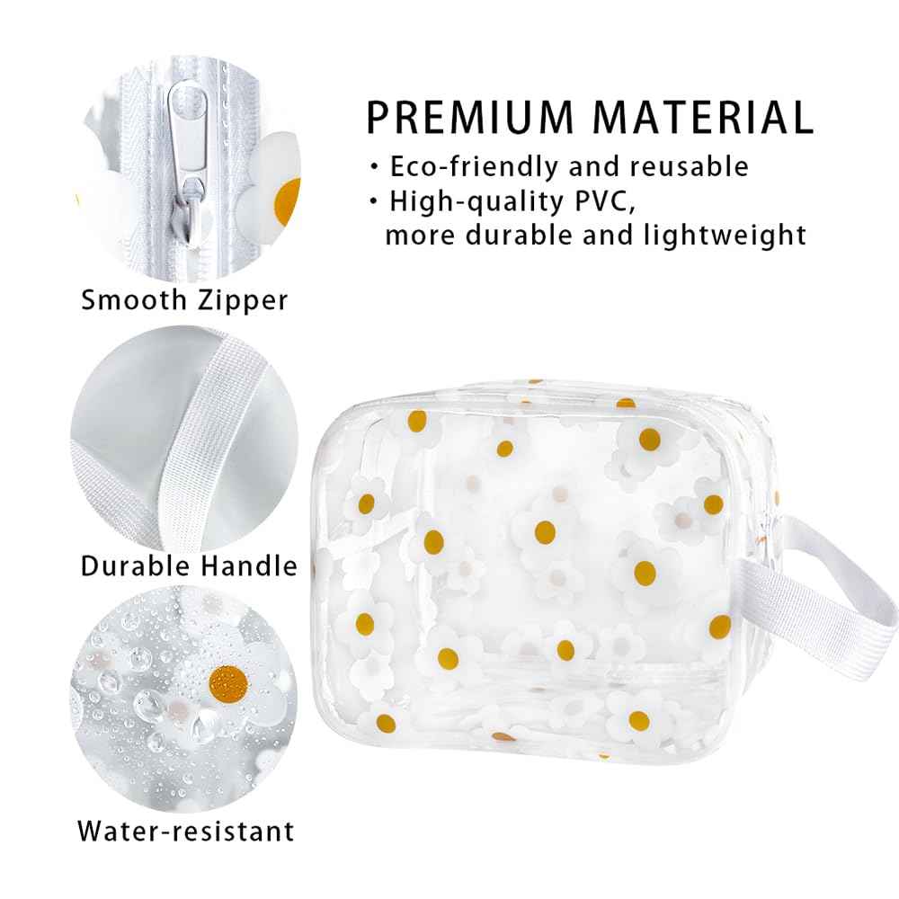 TotePrint Clear Daisy Printed Cosmetic Bag and Travel Pouch 9.4''x6.69''x3.5'' with Handle-Durable PVC Material,Versatile,Zipper Design for Smooth Sliding-Ideal for Makeup (White Floral#2-M)
