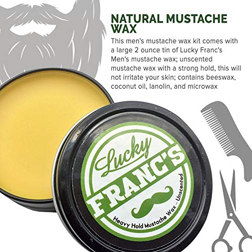 Lucky Franc's 2 oz. Strong Hold Mustache Wax and Real Ox Horn Comb Grooming Set. Wax that Stache in Style. Unscented Natural Moustache Wax and Stache or Beard Comb. Handmade Gift Set for Men