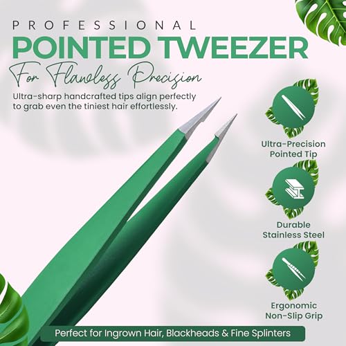 Pointer Stainless Steel Tweezers Women & Men Precision Eyebrow Tweezers for Facial Hair, Fine Tip Strong Grip Professional Tweezer for Shaping, Ingrown Hair & Splinter Removal (Matte Forest Green)