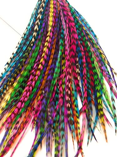 200 Short Real Rooster Feathers Rainbow Hair Extensions