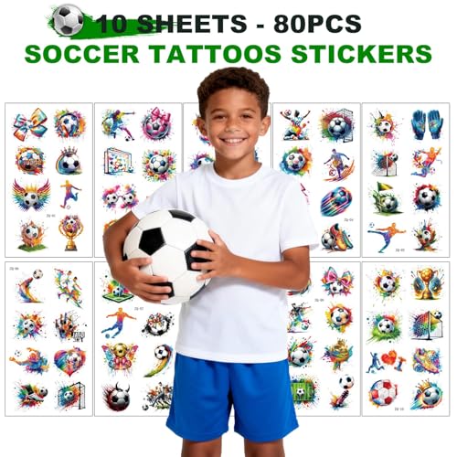 80 PCS Soccer Temporary Tattoos - Waterproof Football Party Favors