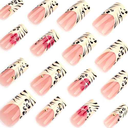 Leopard Print French Tip Press on Nails Long Square Fake Nails with 3D Gold Pearl Designs Glossy Red Flower Full Cover Glue On Nails Reusable Coffin Autumn Winter False Nails for Women 24Pcs