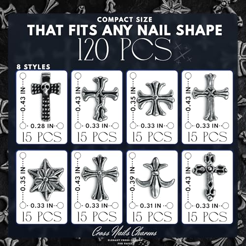 120 Pcs Silver Cross Nail Charms for Press-On & Gel Nails - 3D Gothic Designs