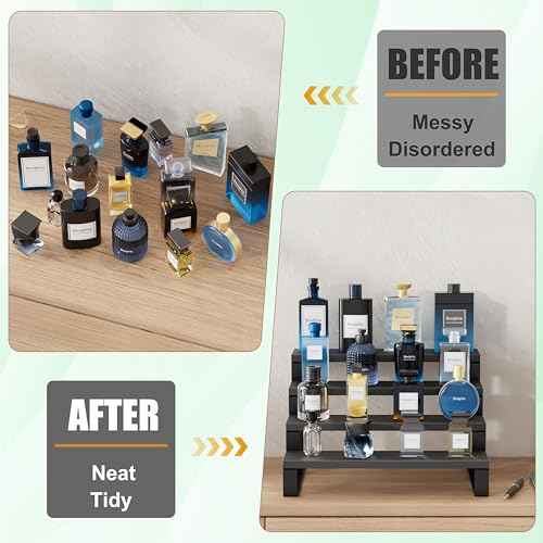 Cologne Organizer for Men, 12 Inch Wood Cologne Stand 4 Tier Perfume Organizer for Dresser, Versatile Step Display Stand Shelf for Fragrance, Skincare, Figurine, Dessert, 1 Set Black