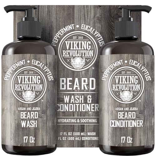 Viking Revolution Beard Wash & Conditioner Set w/Argan & Jojoba Oils ? Softens, Smooths & Strengthens Beard Growth - Natural Peppermint and Eucalyptus Scent - Shampoo (17 oz)
