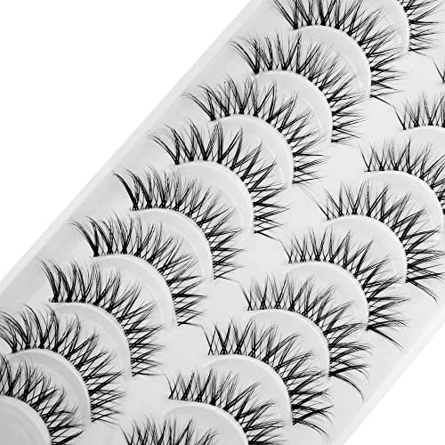 Bluesmurfs False Lashes 3D Cat-Eye Volume Eyelashes Clear Band Lashes Natural Look Faux Mink Invisible Strip Wispy Fake Lashes 10 Pairs