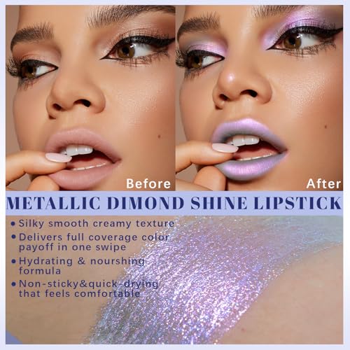 Noerrors Chameleon Silver Pink Glitter Lipstick, Holographic Color Shift Waterproof Long Wear Shimmer Metallic Lip Color, Duochrome Iridescent Sparkle Diamond Lip Gloss Mermaid Makeup for Festival#07