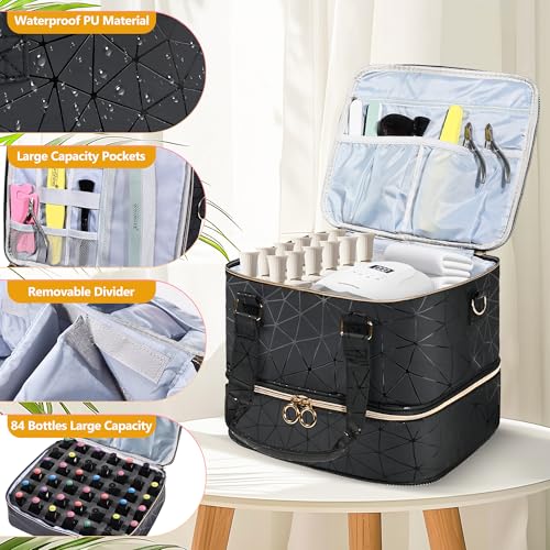 Large Nail Polish Organizer Bag Holds 84 Bottles Nail Polish and a Nail Lamp, PU Leather Nail Kit Storage Carrying Case, Removable Portable Travel Nail Art Tool Storage