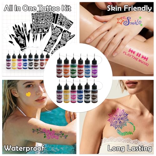 Mandala Temporary Tattoo Stencils Kit - 19 Sheets & 12 Ink Bottles
