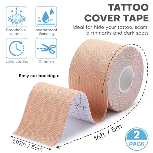 Tattoo Hiding Tape 2'' x 16.4Ft Waterproof Cover, 2 Rolls