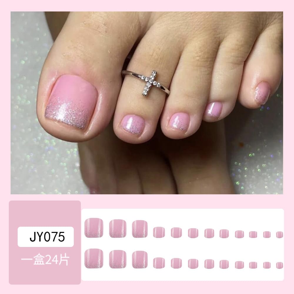 Press on Toenails Short False Toenails with Bling Pink Design Artificial Acrylic Square Fake Toe Nails Full Cover Fake Toe Nails for Women 24Pcs