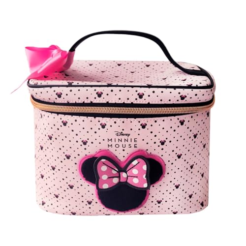 Impressions Vanity Minnie Mouse Makeup Case Organizer with Durable Faux Leather Design, Polka Dot Bow, and Adjustable Dividers, Perfect for Travel Cosmetic Bags for Women (Pink)