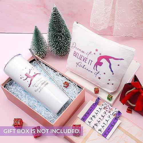 Junkin 3 Pcs Christmas Gymnastics Gifts for Women Include Stainless Steel Tumbler with Straw Makeup Bag Elastics Hair Ties for Gymnastics Lover(Purple)