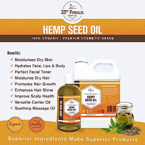 Organic Hemp Seed Oil (8 oz) Premium Cold Pressed Unrefined | 100% Pure Hemp Seed Oil for Skin, Face, Hair, Soap Making, Massage | Carrier for Essential Oils | Available in Bulk | 8 FL OZ