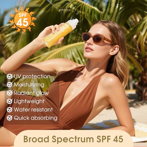 Sunscreen Body Oil,SPF 45,Sun Shield Sheer Body Glow Oil,Lightweight Soft Glowing Lotion,Moisturizing Coconut Oils,Waterproof Non Sticky Shimmer Skin Moisturizer Beach Travel Essentials (#01 Gold)