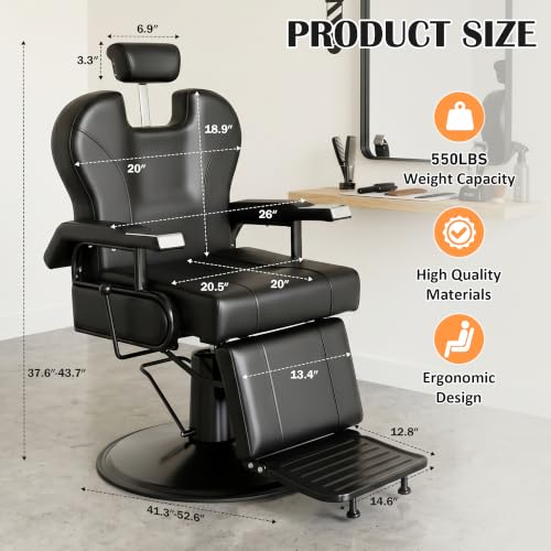 Vintage All-Black Barber Chair with Hydraulic Reclining - 550 LBS