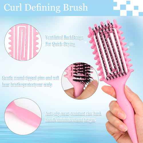 Curly Hair Brush,Curl Defining Brush plus 3 Pieces Hair Styling Comb Set(Slick Back Hair Brush,Rat Tail Comb,Edge Bristle Brush) Lightweight Vented for Combing, Shaping, Styling(Purple)