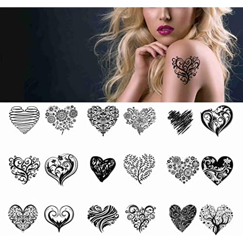 Heart Tattoo 18 sheets Temporary Tattoos for Adults Men and Women Black and White All Kinds of Love Heart Tree Folwer Leaves Fake Tattoo Kits Sets For Neck Arm Hands Leg Body Art Satickers