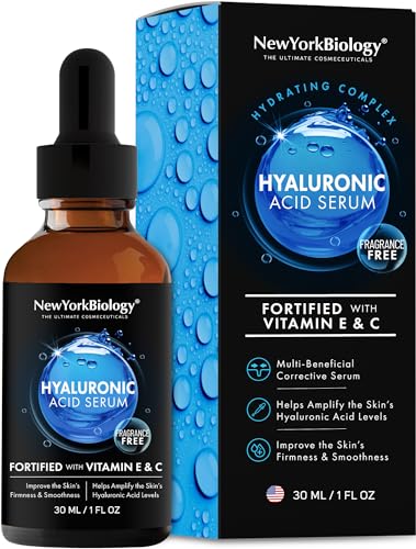 New York Biology Hyaluronic Acid Serum for Face with Vitamins C and E - Professional Strength Hydrating Serum for Dry Uneven Skin - 1 Fl oz