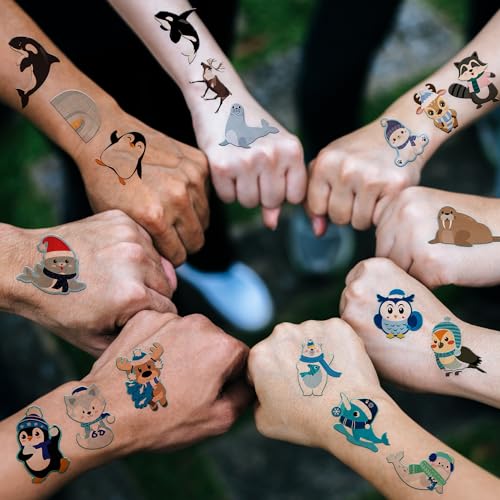 96 Arctic Animal Temporary Tattoos for Kids - Polar Bear, Penguin Designs