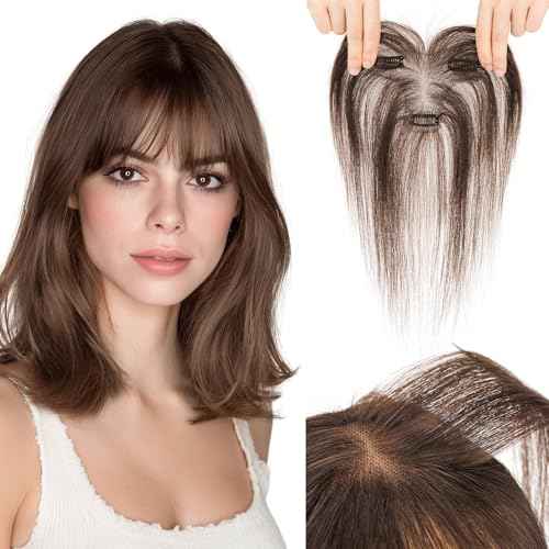 Hairro Human Hair Toppers with Wispy Bangs, 3D 360¡Æ Seamless Real Hair Toppers, Hand-Tied with 3.5"x4.7" T-shaped Base, Clip-In Hairpieces to Add Volume on Top, 11 Inch Dark Brown