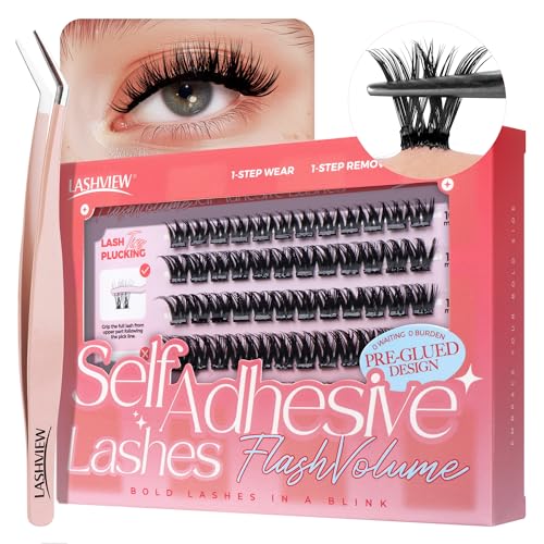 LASHVIEW Self Adhesive Lash Clusters Eyelashes,Press-on Lashes 10-16mm Individual Lash Extension Kit with Lash Tweezers,No Glue Needed Natural Self Adhesive DIY Eyelash Extension Kit 60pcs (Z01)