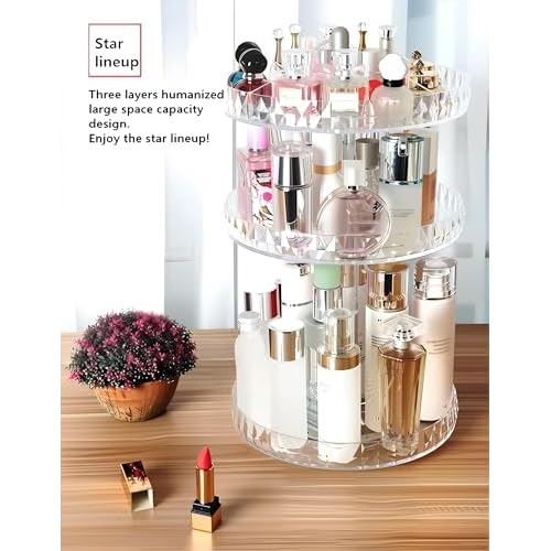 Diamond Pattern Three Layers Perfume Organizer, 360 Rotating Diamond Cosmetic Storage Box Transparent Acrylic Swivel Shelf Desktop Skin Care Product Dresser Finishing Valentines Day Gifts