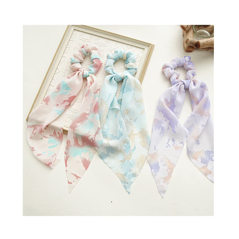 8pcs Scarf Hair Scrunchies Ribbon Ties Cute Chiffon Bow Scrunchies Flowers Long Bowknot Knotted Hair Scarf Scrunchie Pony Tails Holder Hair Bands for Women Girls Floral Blue Pink
