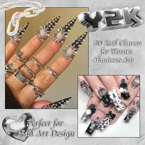 BELICEY 190PCS 3D Nail Charms - Silver Star Cross Planet Rivet Punk Cone Jewels for Acrylic Nails