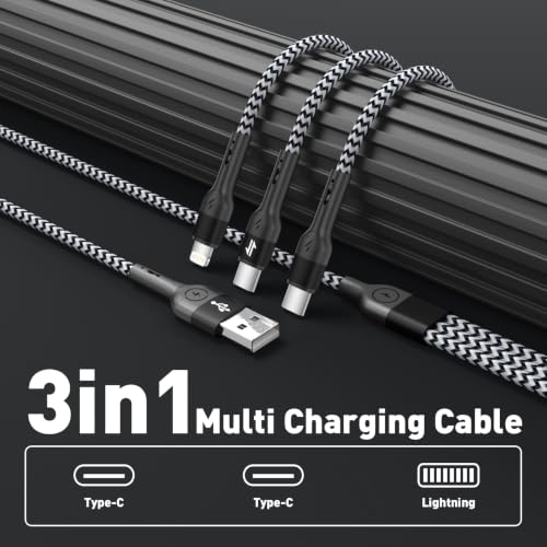 3-in-1 Braided Multi Charging Cable, 4Ft 2-Pack