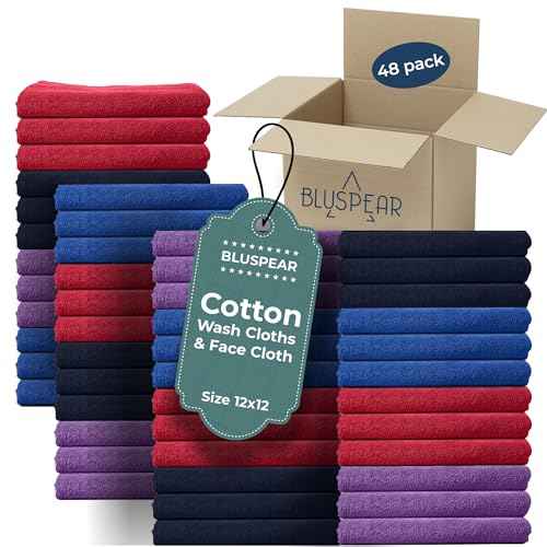 12 x 12 Inches Assorted Color (Dark) Wash Cloths Bulk, 48 Pack Face Cloths, Hand Towels for Bathroom, Cotton Washcloths Set, Soft Cleaning Rags for Bath, Body, Spa, Gym, Kitchen, Dish