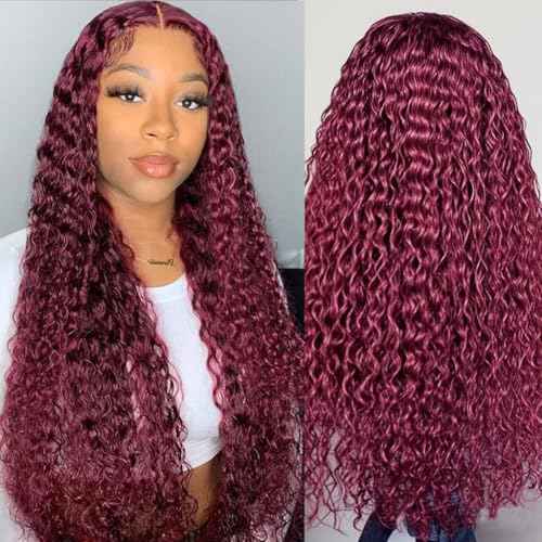 Estilar 99j Burgundy Deep Wave Lace Front Wigs Human Hair 200 Density 13x6 HD Lace Frontal Wigs Pre Plucked Deep Curly Glueless Wigs Human Hair with Baby Hair for Women Red Color 32 Inch