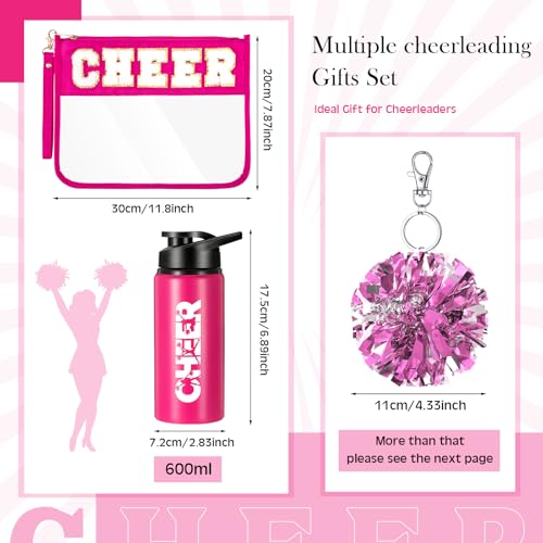 9 Pcs Cheerleader Gifts for Girls Cheer Makeup Bag 20oz Water Bottle Cheerleading Scrunchie Mirror Keychain Charm Bracelet Stickers for Senior Night Cheerleader Gifts Cheer Accessories Stuff