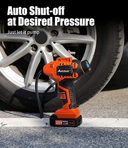 Avid Power Tire Inflator Portable Air Compressor, 20V Cordless Rechargeable Battery Tire Pump w/ 12V Car Power Adapter, Digital Pressure Gauge, Auto Air Pump for Many Inflatables (Orange)