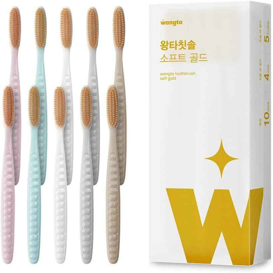 WANGTA Gold – Extra Soft Extra Large Toothbrush – 1.6 inch (4 cm) Wide Head | 4,000 Ultra-Fine Bristles for Sensitive Gums | Premium Korean Toothbrush (10 Pack)