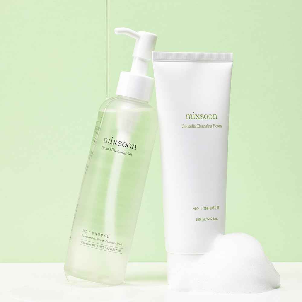 mixsoon Double Cleansing Set- 2-Step Routine, Centella Foam & Bean Cleansing Oil, Gentle Deep Clean and Hydrating Care 150ml / 5.07 fl.oz., 195ml / 6.59 fl.oz. Korean Glass Skin Care